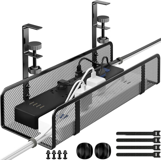 Under-Desk Cable Organizer Tray - Wire Management Box with Cord Organizer and Raceways for Office & Home - No Desk Damage, No Drill