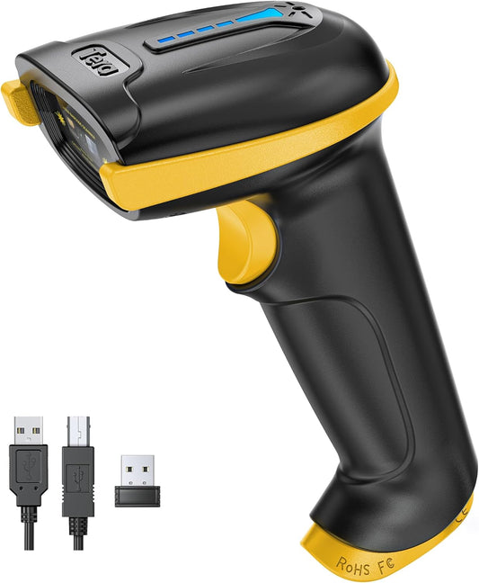 Tera Barcode Scanner Wireless Versatile 2-in-1 (2.4Ghz Wireless+USB 2.0 Wired) with Battery Level Indicator, 328 Feet Transmission Distance Rechargeable 1D Laser Bar Code Reader Handheld 5100 Yellow