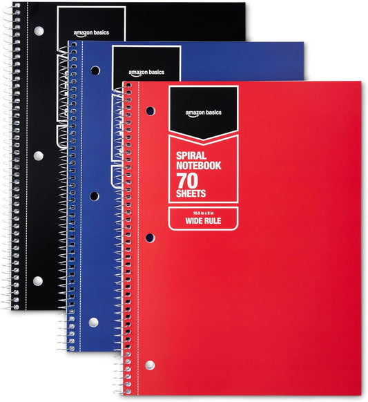 Amazon Basics Wide Ruled Spiral Notebook, 70 Sheets, 7-1/2" x 10-1/2", 3 pack, Assorted Primary Solid Colors