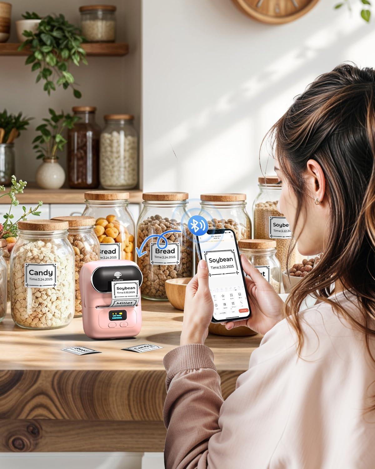 Phomemo Label Printer - M110 Thermal Label Printer Barcode Label Maker Mini Bluetooth Sticker Printer for Small Business, Home, Office, Logo, Address, Name Tag, Clothing, Organizing, Pink