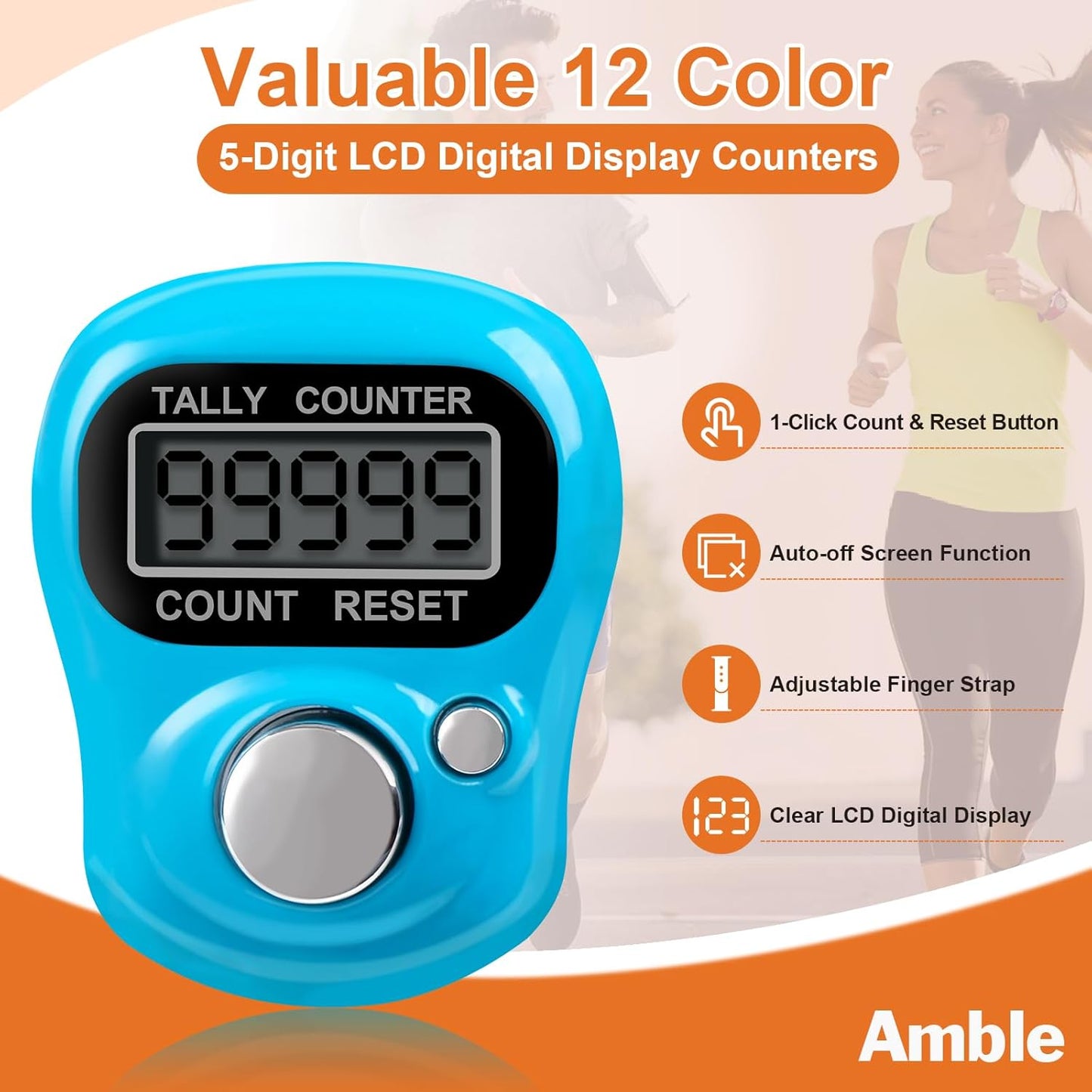 Amble 12 Pack Electronic Finger Counter, 5 Digit LCD Electronic Digital Display, Hand Tally Clicker Counter, Digital Handheld Tally Counter, Counting for Golf, Goods Counting, Lap, Knitting