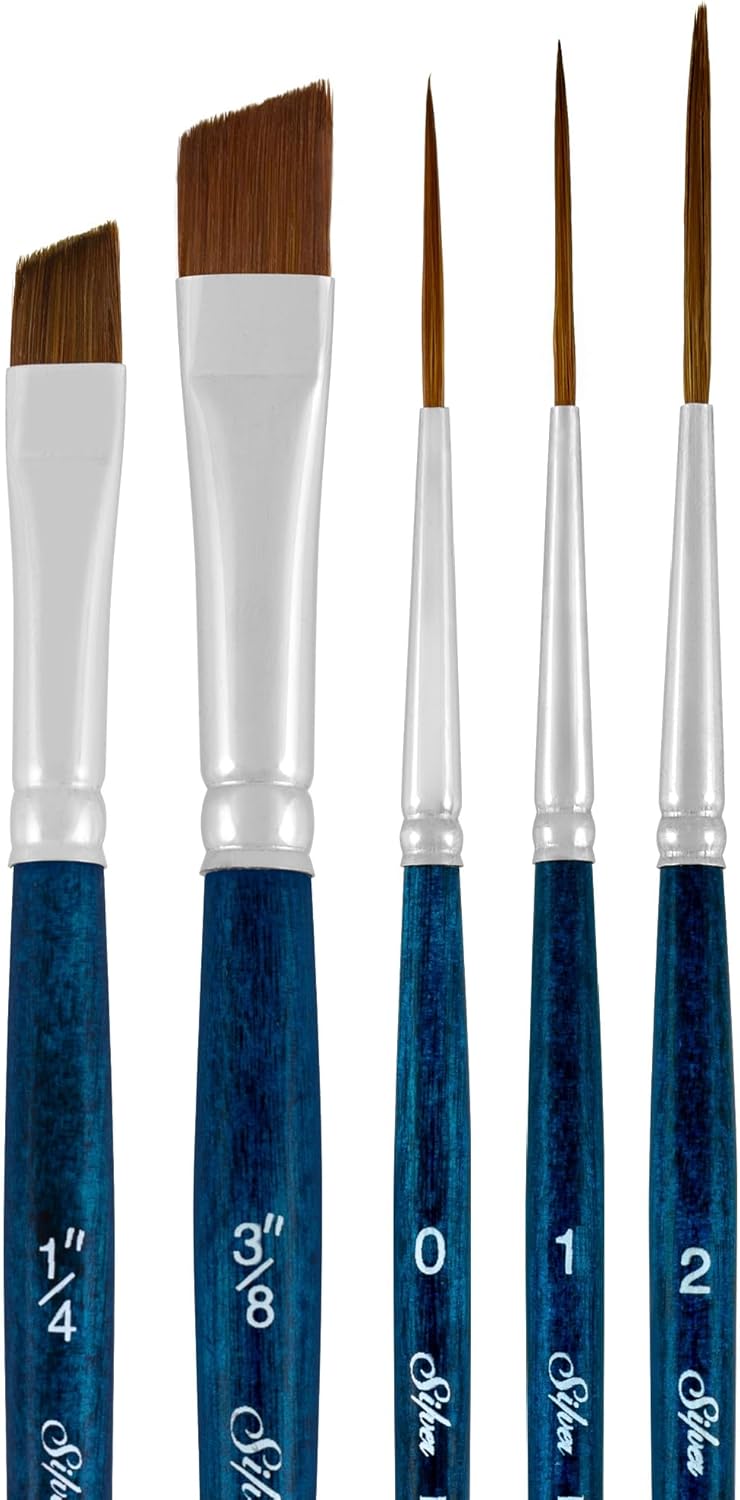 Silver Brush Limited BA-2755S BelleAqua Certain Touch 5pc Watercolor Brush Set, Premium Short Handle Paint Brushes, Soft Synthetic Red Sable, Sizes 1/4 & 3/8 Inch Angle and 0, 1, & 2 Liner Brushes