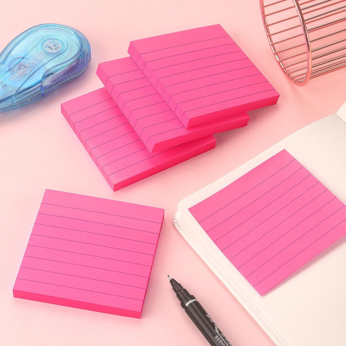 Lined Sticky Notes 3x3 Sticky Notes with Lines Self-Stick Notes Bright Color 4 Pads 90 Sheets/Pad (Rose Red)