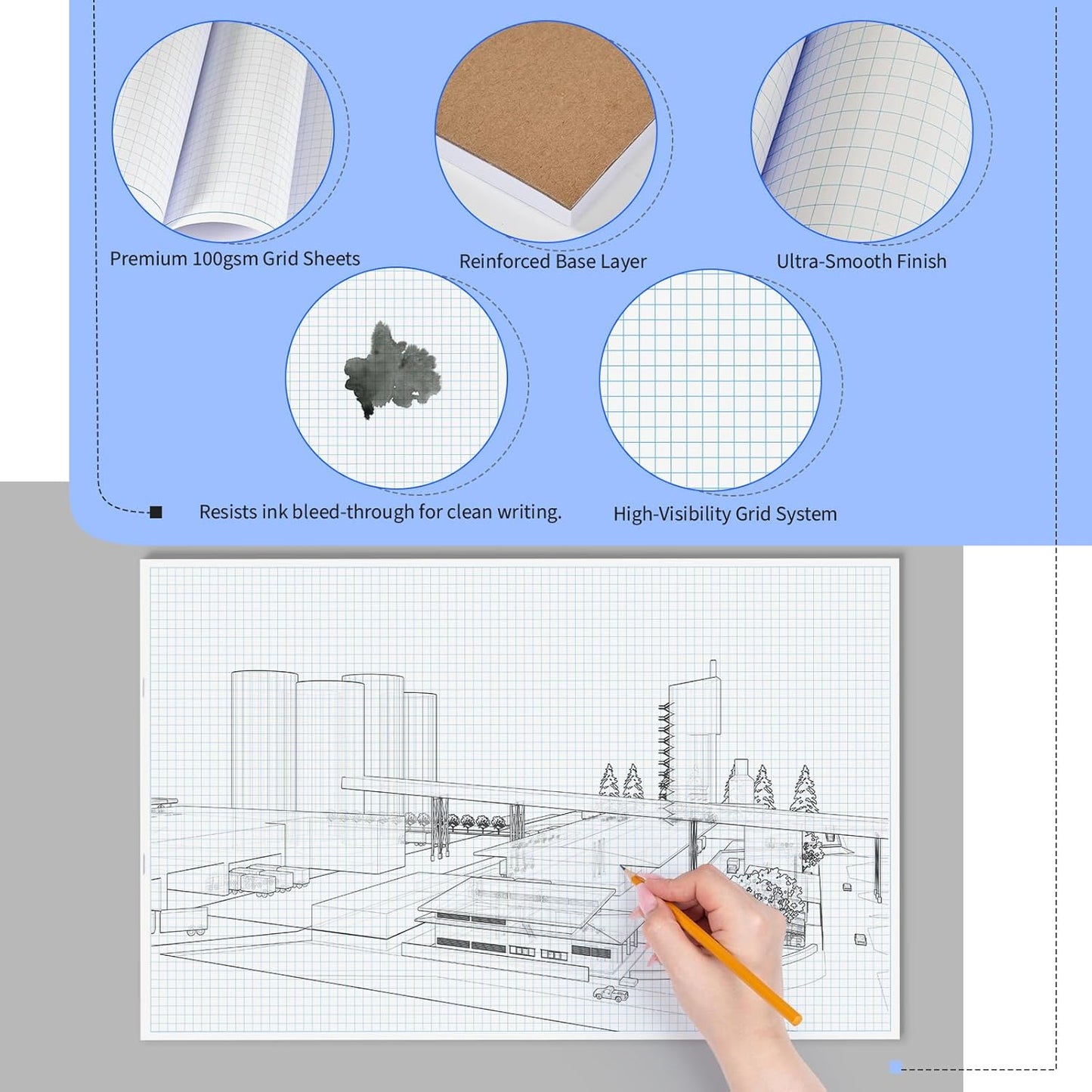 Large Grid Graph Paper Pad, 22 x 17 inches, 0.25" 4x4 Square Grid, Blueprint, High Brightness, 35 Sheets/70Pages, 2 Pack Engineering Graph Paper Pads (4 Squares Per Inch, 35 Sheets Each Pad.)