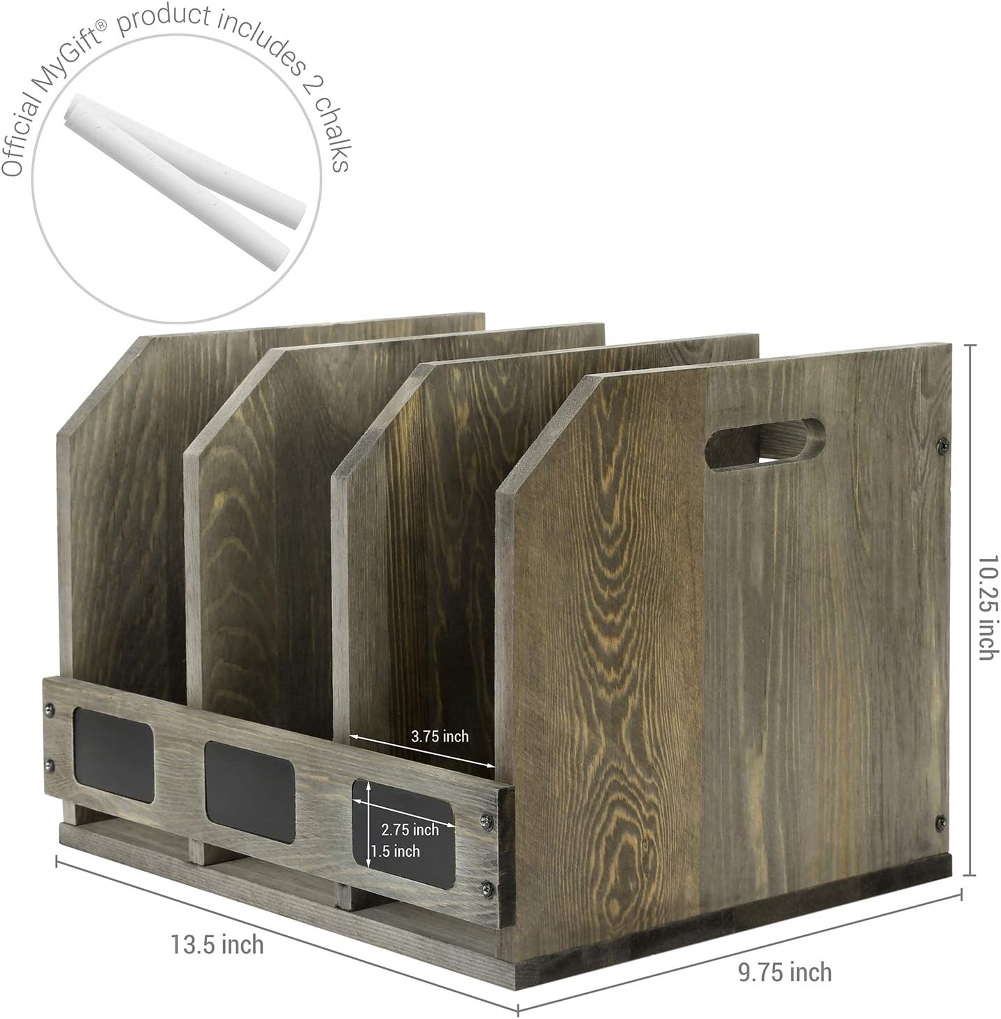 MyGift Vintage Gray Solid Wood Magazine Holder with 3 Compartments and Chalkboard Label, Office Home Desktop Document Organizer, Desk File Folder and Binder Rack