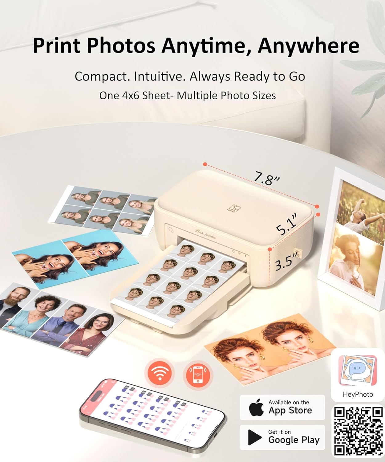 CP4100 4x6 Photo Printer with 108 Sheets & 2 Ribbons, Full-Color Thermal Dye Sublimation Wi-Fi Printing, Portable Instant Picture Printer for iPhone/Android, AR Video, Fun App, Home Use, Beige