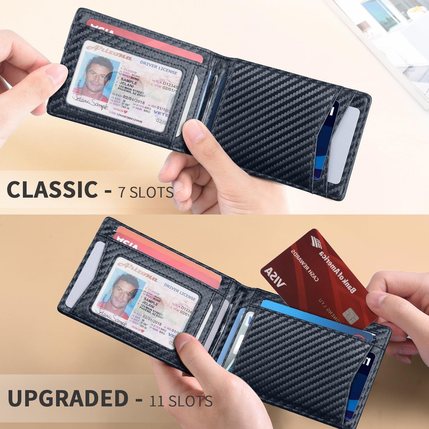 Slim Money Clip Wallets for Men RFID Blocking 11 Card Holder Minimalist Small Thin Carbon Leather Bifold Mens Front Pocket Wallet Gift Box