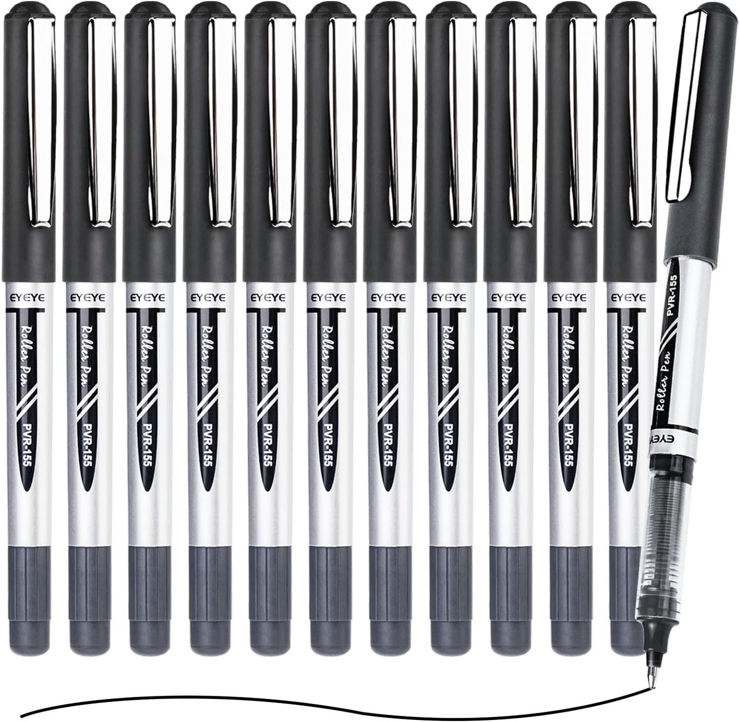 EYEYE Black Rollerball Pens 12 Pack, 0.7mm Medium Point Roller Ball Pen Quick Dry, Liquid Ink Pens Fine Point Smooth Writing Pen for Journaling, Note Taking, Office, School Supplies