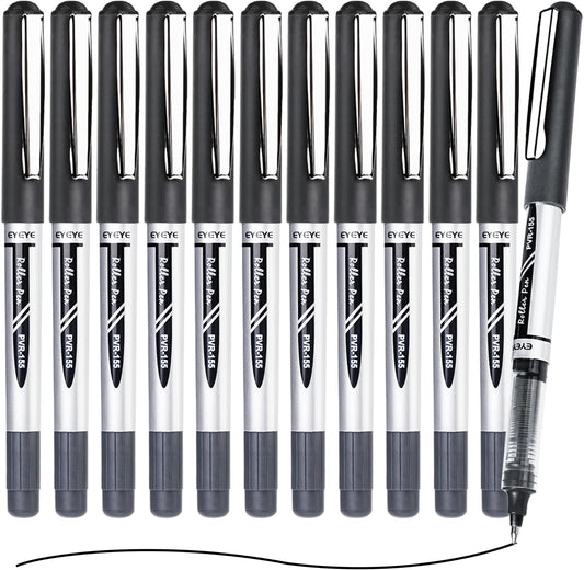 EYEYE Black Rollerball Pens 12 Pack, 0.7mm Medium Point Roller Ball Pen Quick Dry, Liquid Ink Pens Fine Point Smooth Writing Pen for Journaling, Note Taking, Office, School Supplies