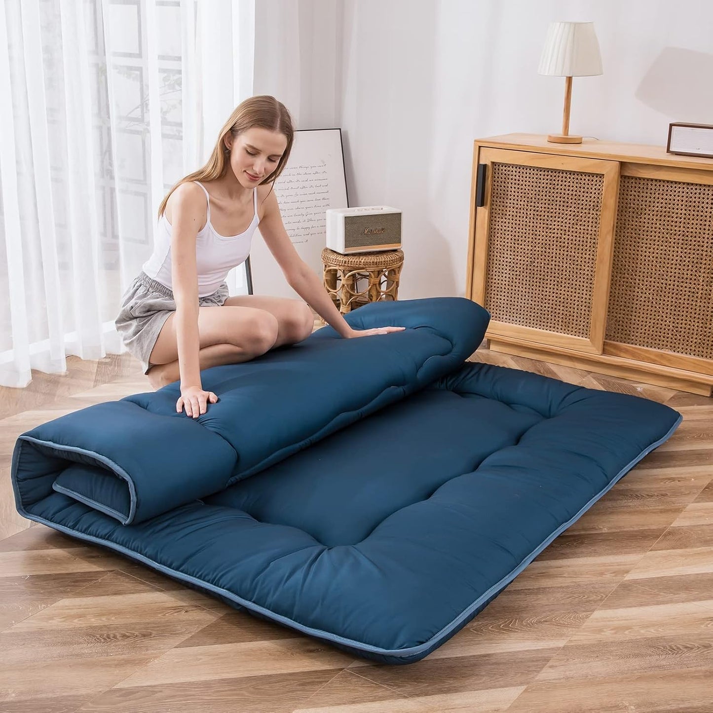 MAXYOYO Japanese Floor Mattress Futon Mattress, Thicken Sleeping Pad Foldable Roll Up Floor Futon for Adults Tatami Mat Dormitory Bed Lounger, Bluestone, Full Size