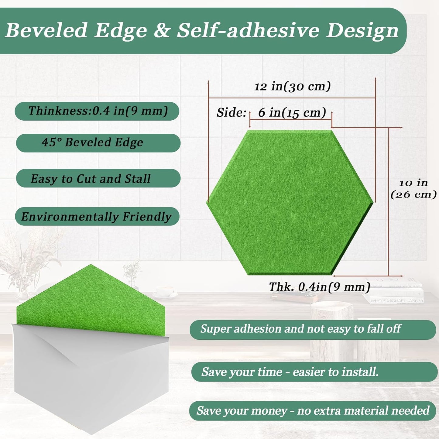 Hexagonal Acoustic Panels-12 Pack High-Density Sound Absorbing Panels 12"X10"X0.4" for Enhanced Noise Reduction, DIY Design, Idea for Studios, Offices, and Home Theaters(Lush Green)