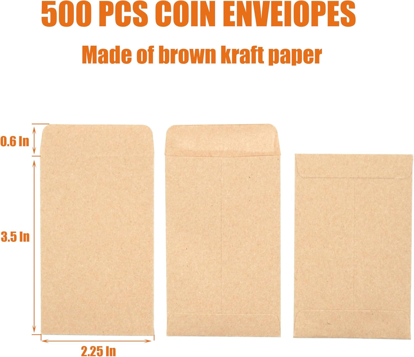 Budgenix #1 500 Pcs Small Coin Envelopes 2.25" x 3.5" with Gummed Flap, Brown Kraft Mini Envelopes for Storing Seeds, Keys, Stamps, Tips and Small Items
