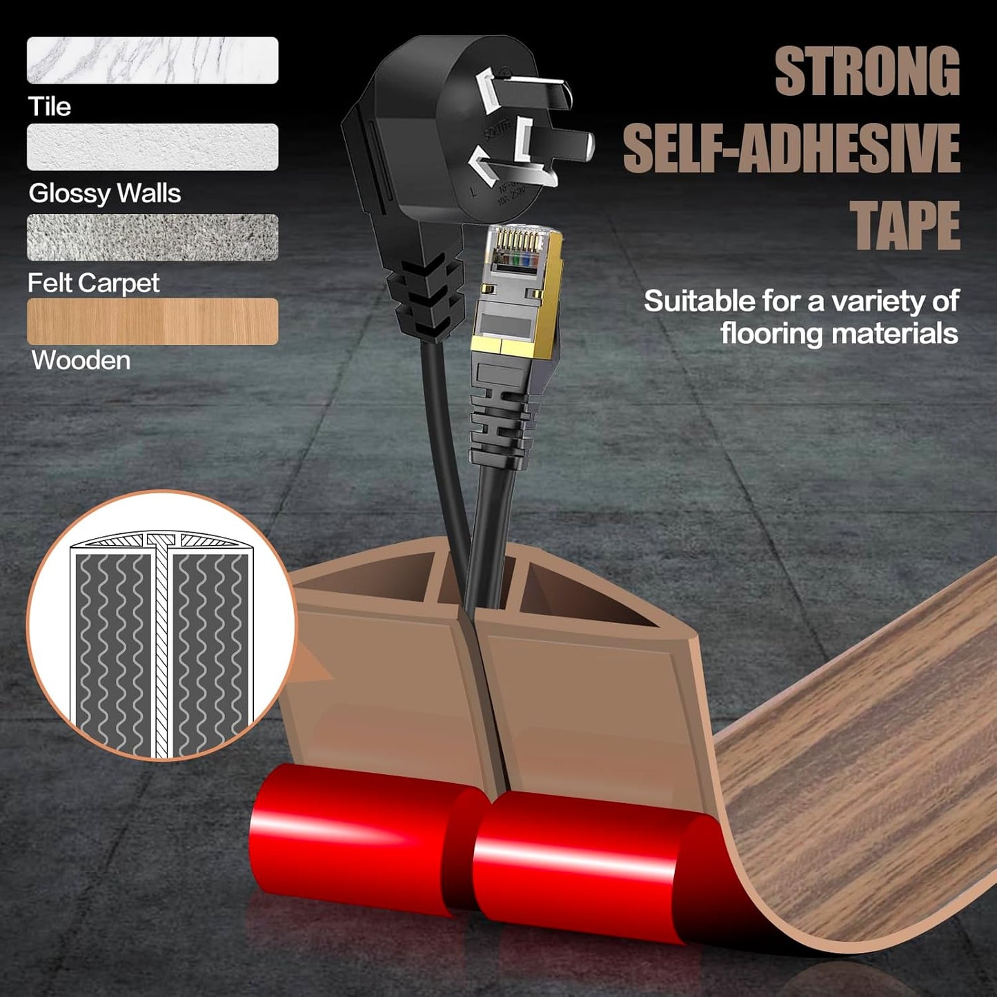 Floor Cord Cover Self Adhesive Cord Hider,10FT Cable Management, Extension Strip Protector for Wires, Prevent Cable Trips for Offices, Gyms, Exhibitions Cavity:0.51"(W) x0.3(H) Woodsmokedbrown