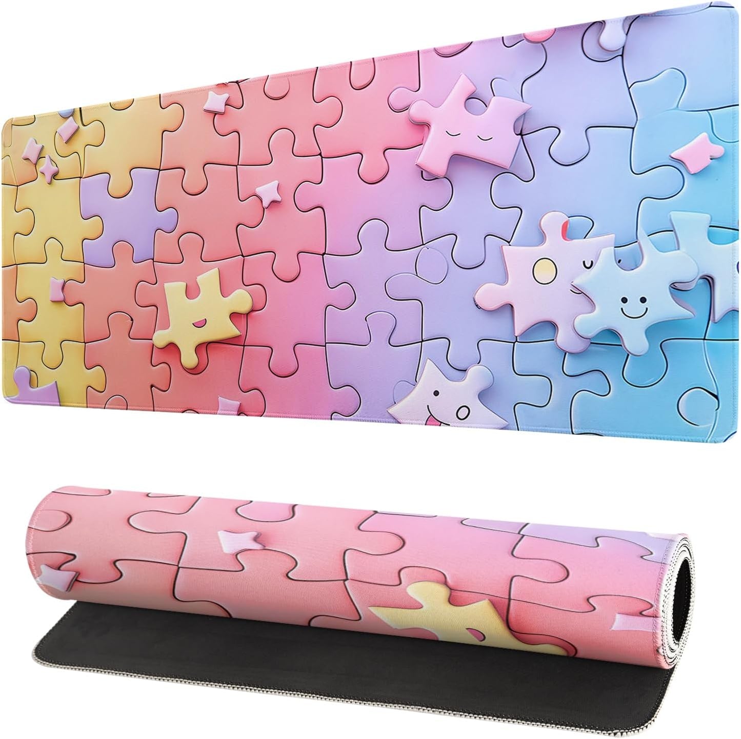 Gaming Mouse Pad Desk Pad,Extended Big Mouse Pad,31.5x11.8 Inch Long Computer Keyboard Mouse Mat Mousepad with 3mm Non-Slip Base and Stitched Edge for Gaming and Office… (Multicoloured Puzzle)