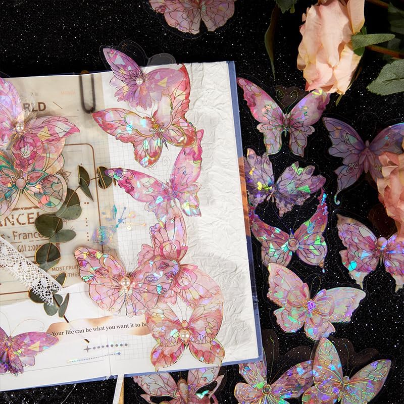 Alideco 120pcs Scrapbook Stickers Shell Light Butterfly PET Waterproof Scrapbooking Junk Journal Crafts Embelishment Decoration Diary Stickers (beikeguanghudie)