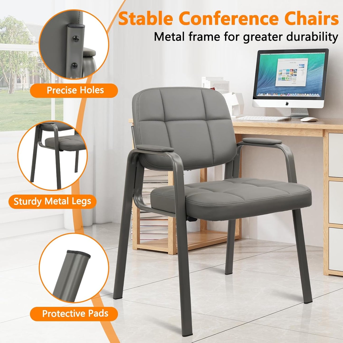 CLATINA Waiting Room Guest Chair with Bonded Leather Padded Arm Rest for Office Reception and Conference Desk(Grey 2 Pack)