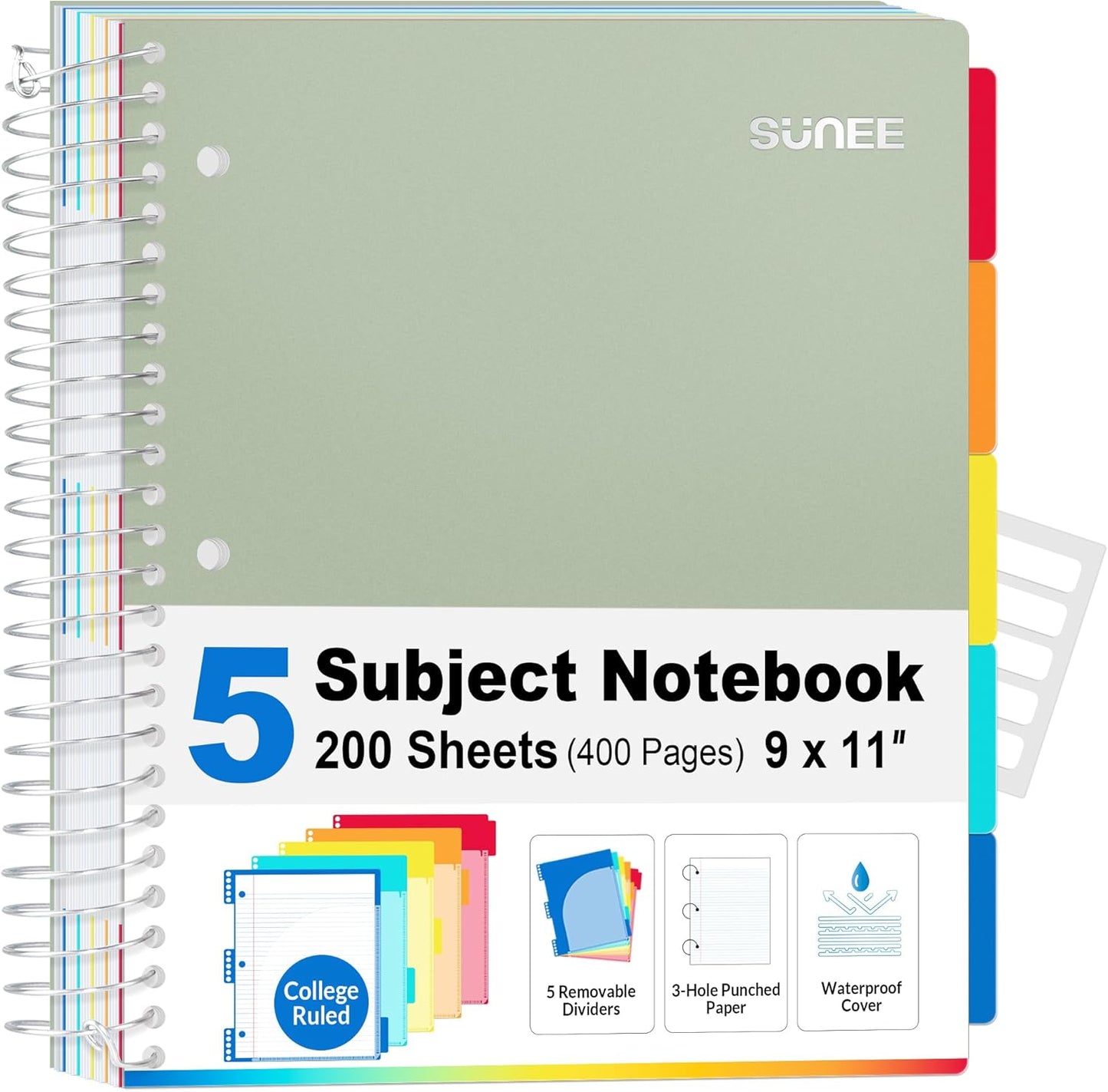 SUNEE 5 Subject Notebook College Ruled - 400 Pages, 9"x11", 5 Pocket Colored Dividers, 3-Hole Punched Paper, Sage Green