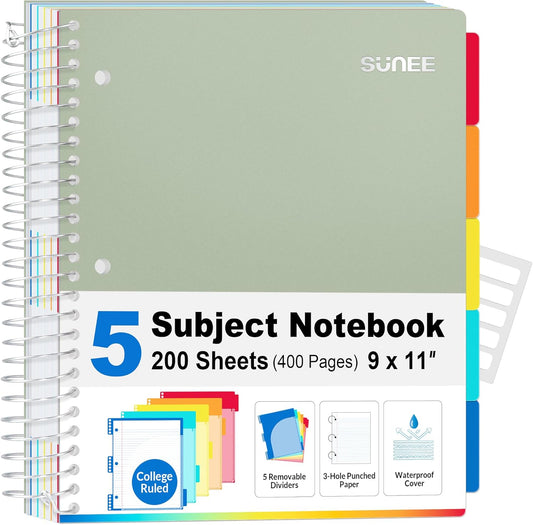 SUNEE 5 Subject Notebook College Ruled - 400 Pages, 9"x11", 5 Pocket Colored Dividers, 3-Hole Punched Paper, Sage Green