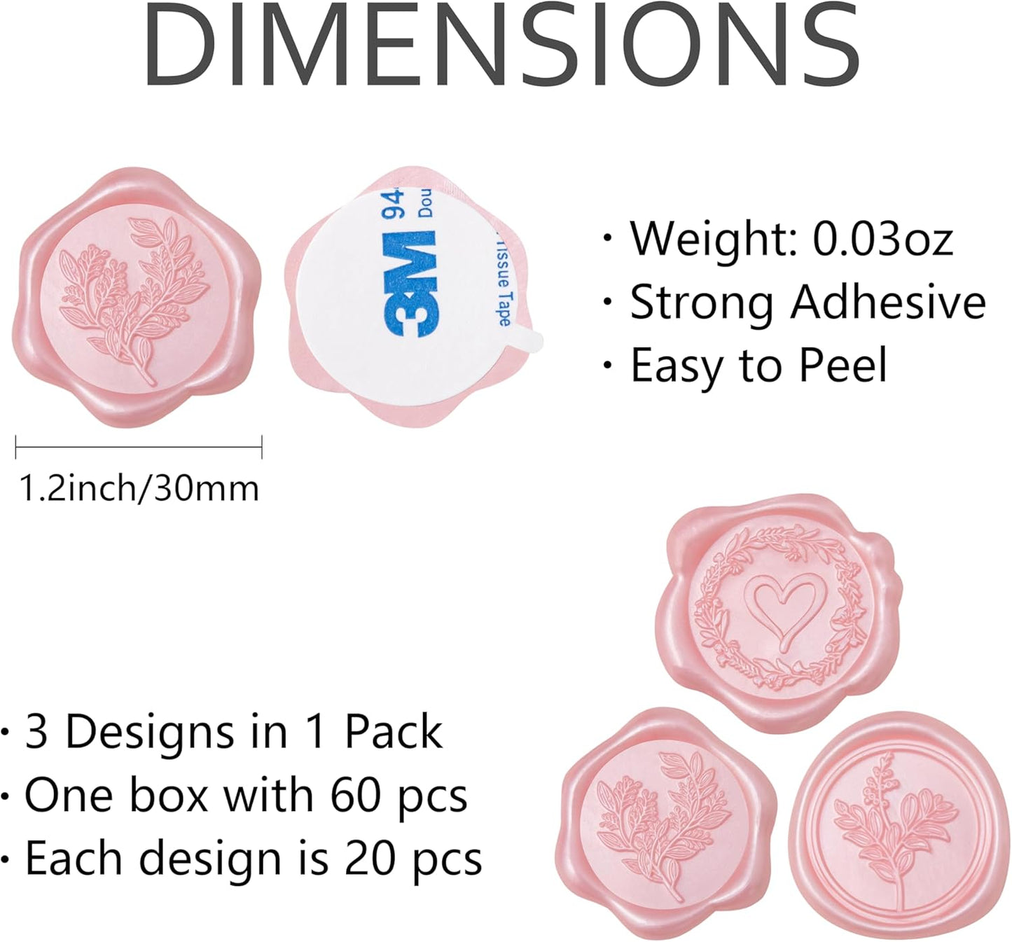 60 Pcs Pink Wax Seal Stickers Self-Adhesive Envelope Seals Stamp Stickers, Perfect for Wedding Invitations Seating Chart Christmas Gift Wrapping 3 Designs in 1 Pack