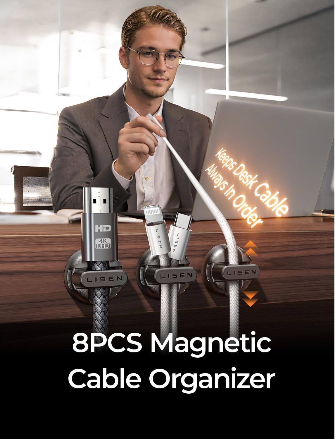 8-Pack Magnetic Cable Clips [1S Snap-On] Cord Holder, LISEN Office Desk Organizers and Accessories with 4 Extra Strong Adhesive Pads, Wire Organizer for Nightstand, Home, Wall, Car, Desktop