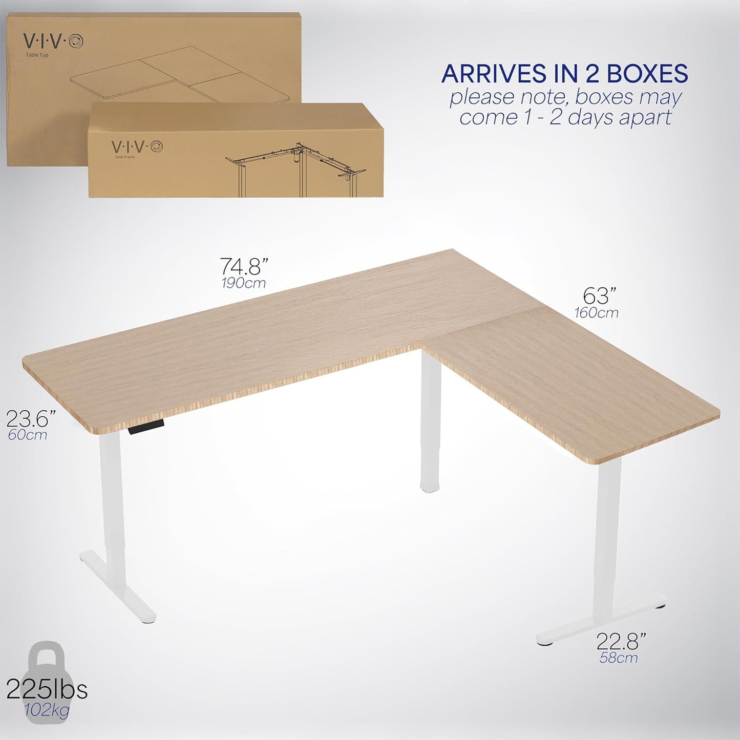 VIVO Electric Corner L-Shaped 75 x 63 in Real Bamboo Standing Desk, Memory Height Adjustment, White Frame, DESK-E3CTWO-75