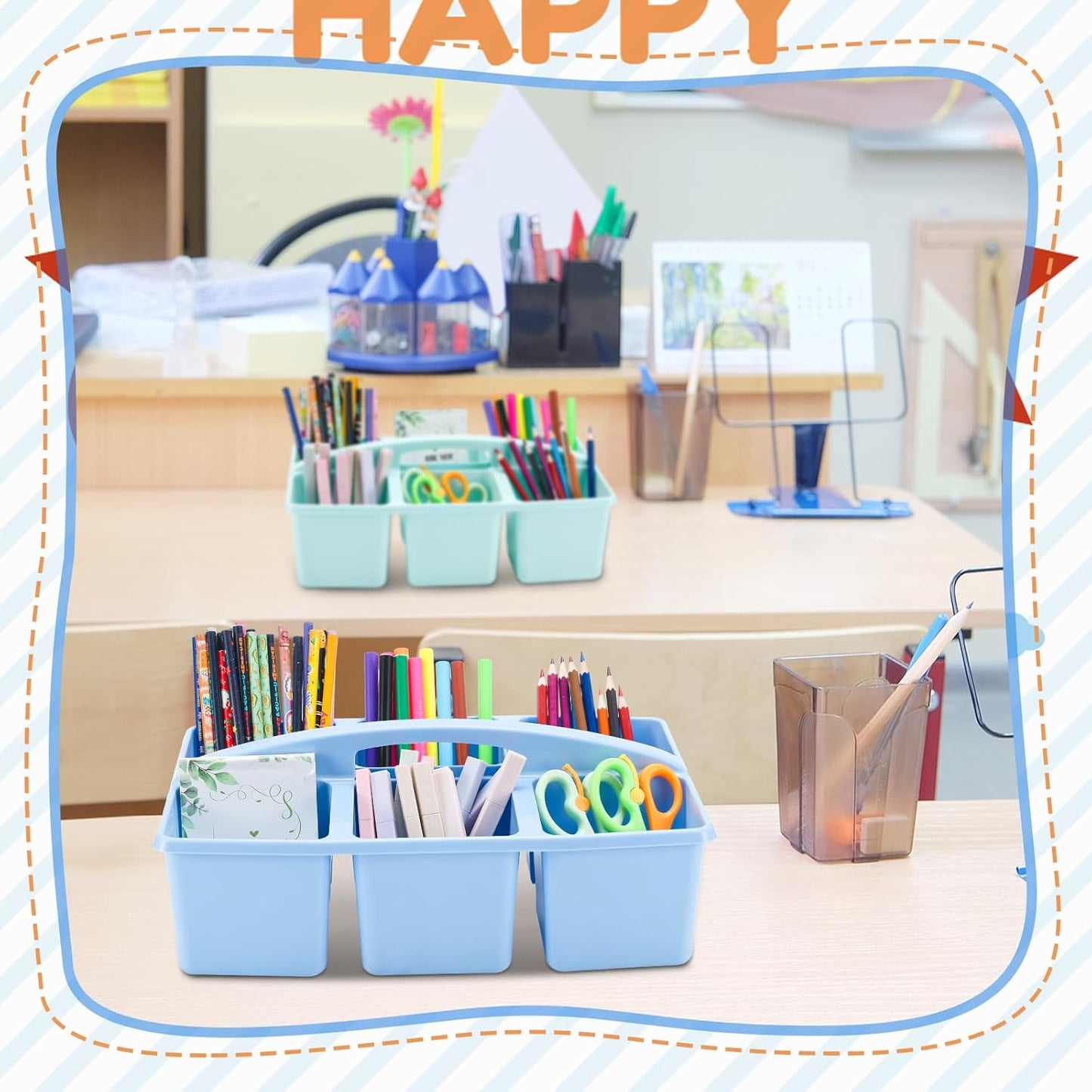 6 Equal Compartment Classroom Caddy, 12 Pack Small Caddy Organizer with Handle Rainbow Colors Plastic Classroom Table Caddies School Supply Organizer for Easy Storage (Boho Color)