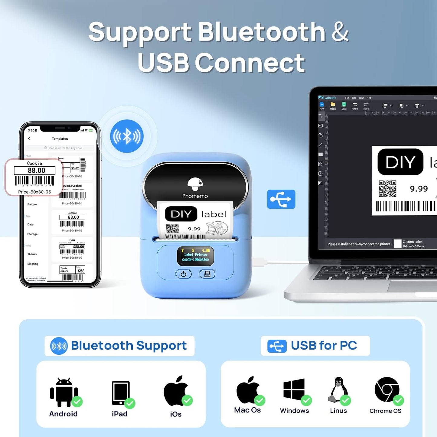 Phomemo Label Maker with 3 Labels- M110 Portable Bluetooth Label Maker Machine for Small Business, Barcode, Address, Logo, Clothing, Jerwery, Compatible with iOS & Android, Blue