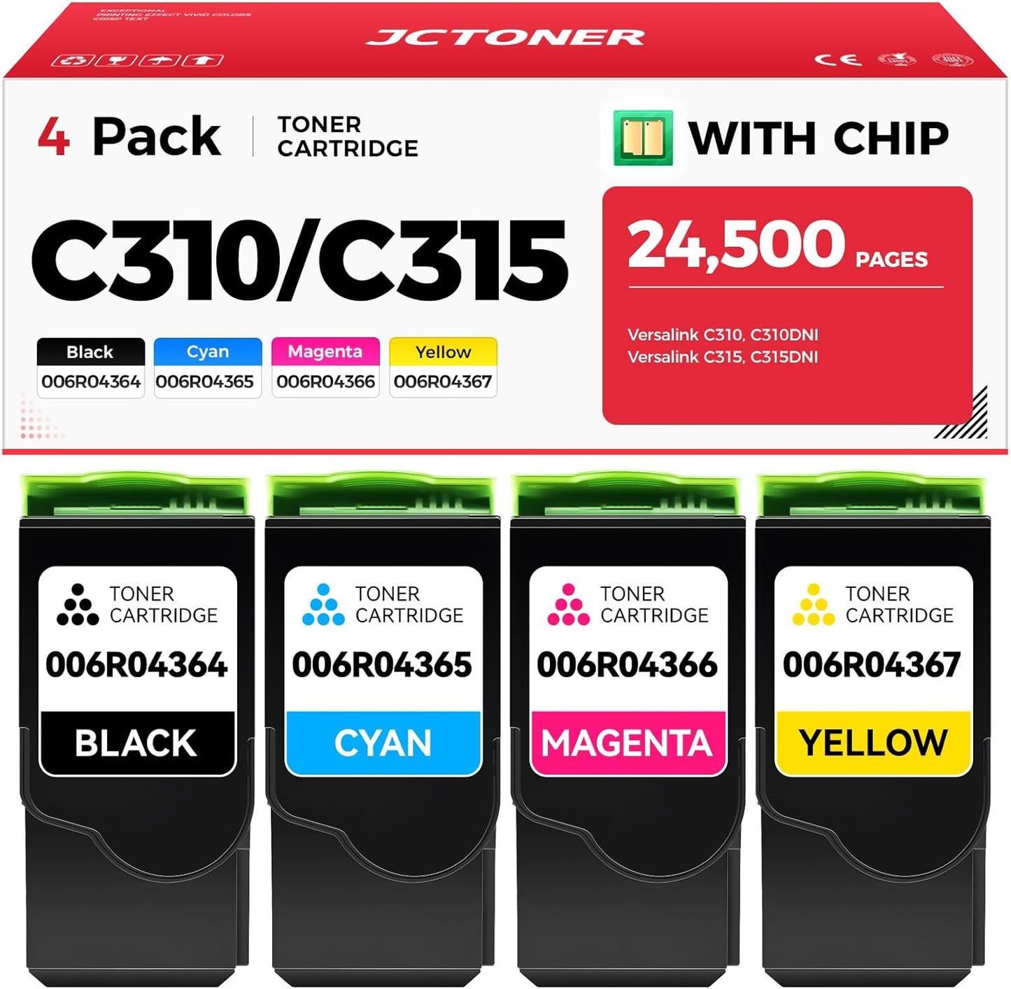 C310 C315 High-Yield Toner Cartridge Set 4-Pack Replacement for Xerox 006R04364 006R04365 006R04366 006R04367 Compatible with Xerox C310 C310DNI C315 C315DNI Color Printer (Black Cyan Magenta Yellow)