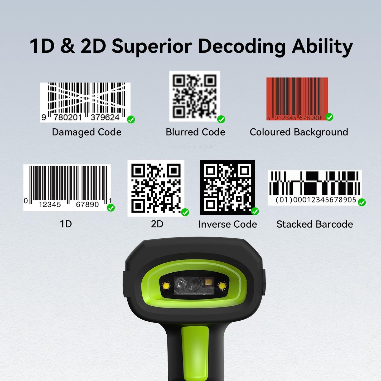 Alacrity Long-Range Scanning Industrial Barcode Scanner, 1D/2D Symbologies, Wireless Charging, Long-Distance 433MHz Wireless & Bluetooth Connectivity, Shock and Dust-Proof Barcode Reader, Green
