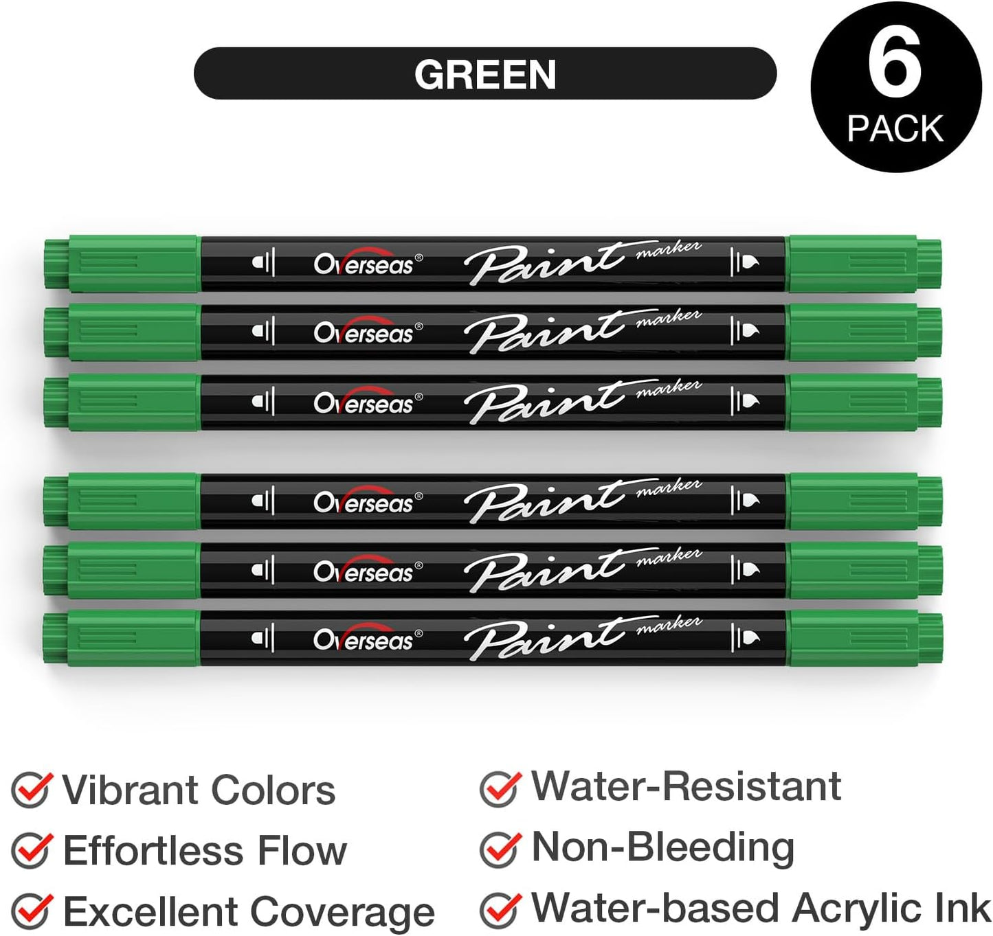 Overseas Green Acrylic Paint Markers, 6 Pack Dual Tip Paint Pens Acrylic Markers - Dot and Brush Tip Coloring Marker for Wood, Rock, Canvas, Glass, Metal, Plastic, Rubber, Fabric, School Supplies