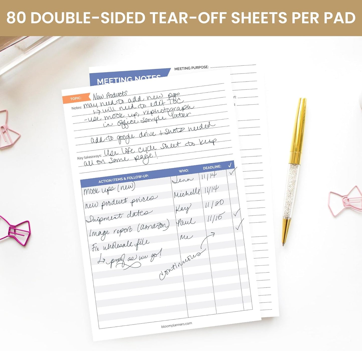 bloom daily planners 6" x 9" Double Sided Meeting Notes Planning Pad for Work Organization - Topics, Takeaways, Action Items & Follow-Ups - Undated Meeting Agenda Notepad