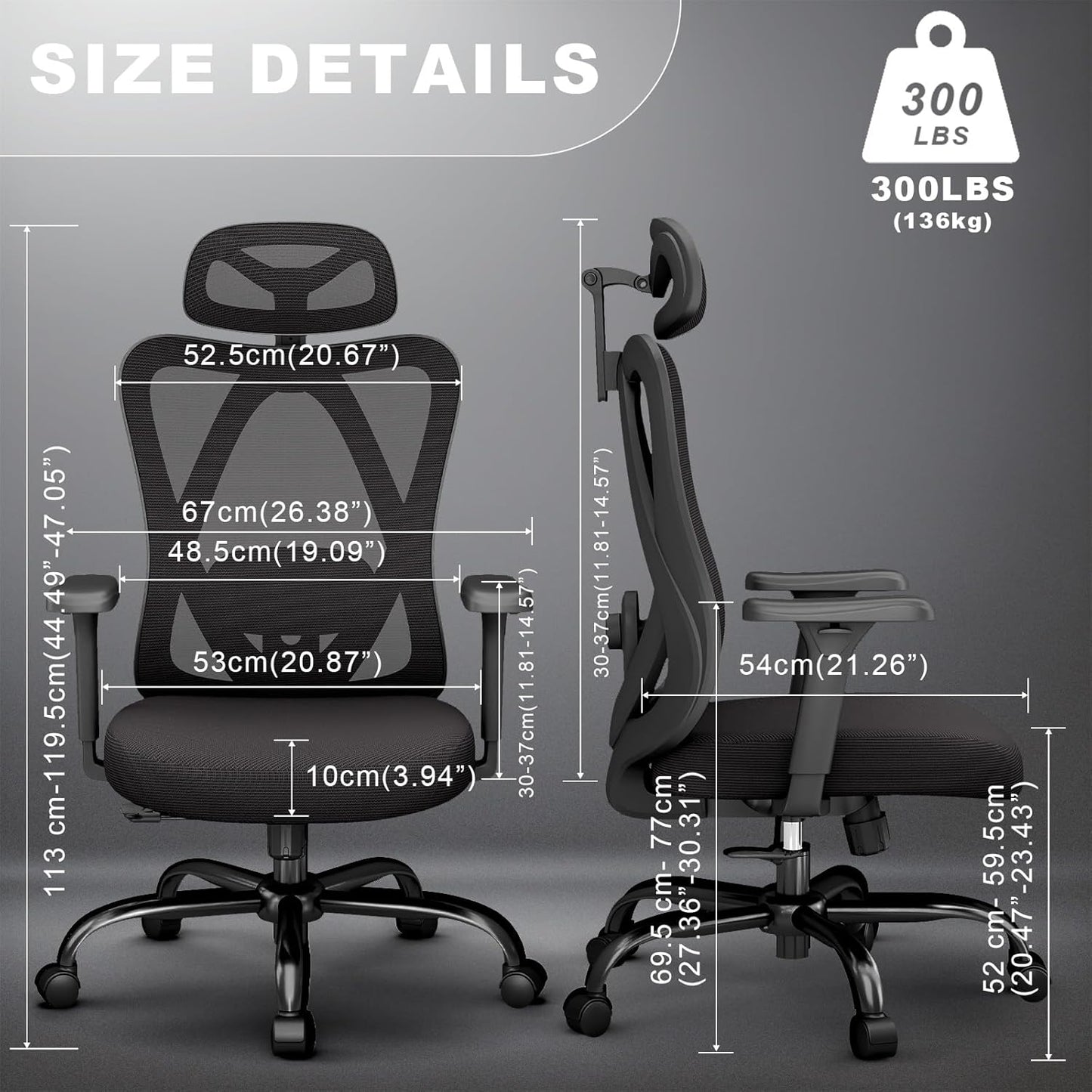 Ergonomic Office Chairs with Adjustable Headrest and Lumbar Support, High Back Mesh Home Computer Desk Chairs with 3D Armrest, 360° Swivel Wheels and Rocking Function, Black