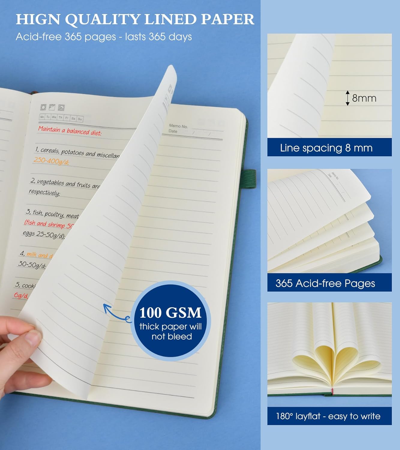 B5 Lined Journal Notebook - 365 Page Large Leather Journals for Writing Women Men，Hardcover Notebook with 100Gsm Thick Pages，Daily Diary for Travel, Work，School，College Ruled (7.6" x 10.3")