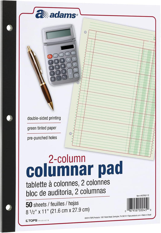 Adams Columnar Analysis Pad, 2 Column Ledger, 8.5" x 11", 100 Pages (50 Sheets), Green, 3 Hole Punch, for Accounting, Bookkeeping & Data (ACP85112)