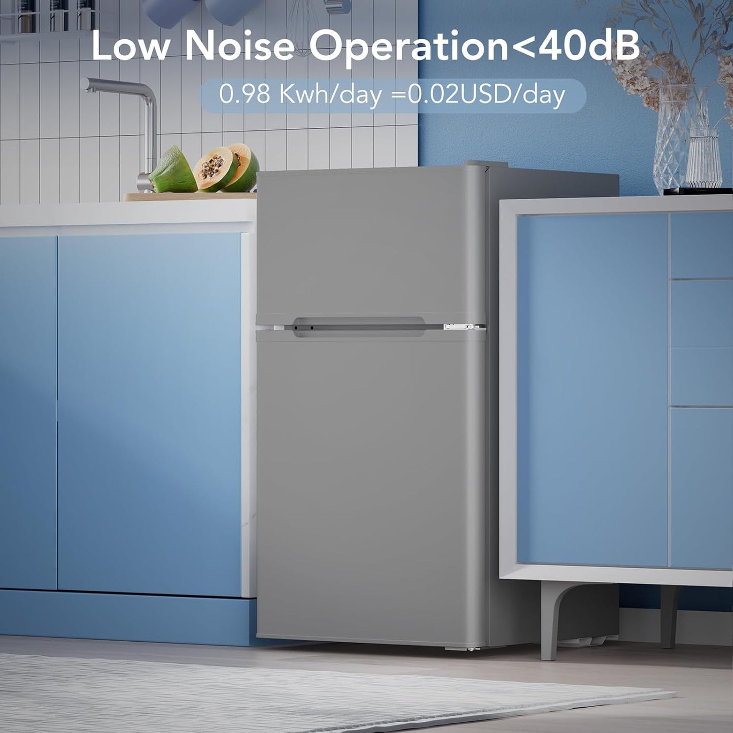 3.1 Cu.Ft Small Fridge with Freezer, Compact Refrigerator with 2 Doors, Mini Fridge with Adjustable Removable Glass Shelves for Bedroom, Dorm, Office or Apartment,Grey