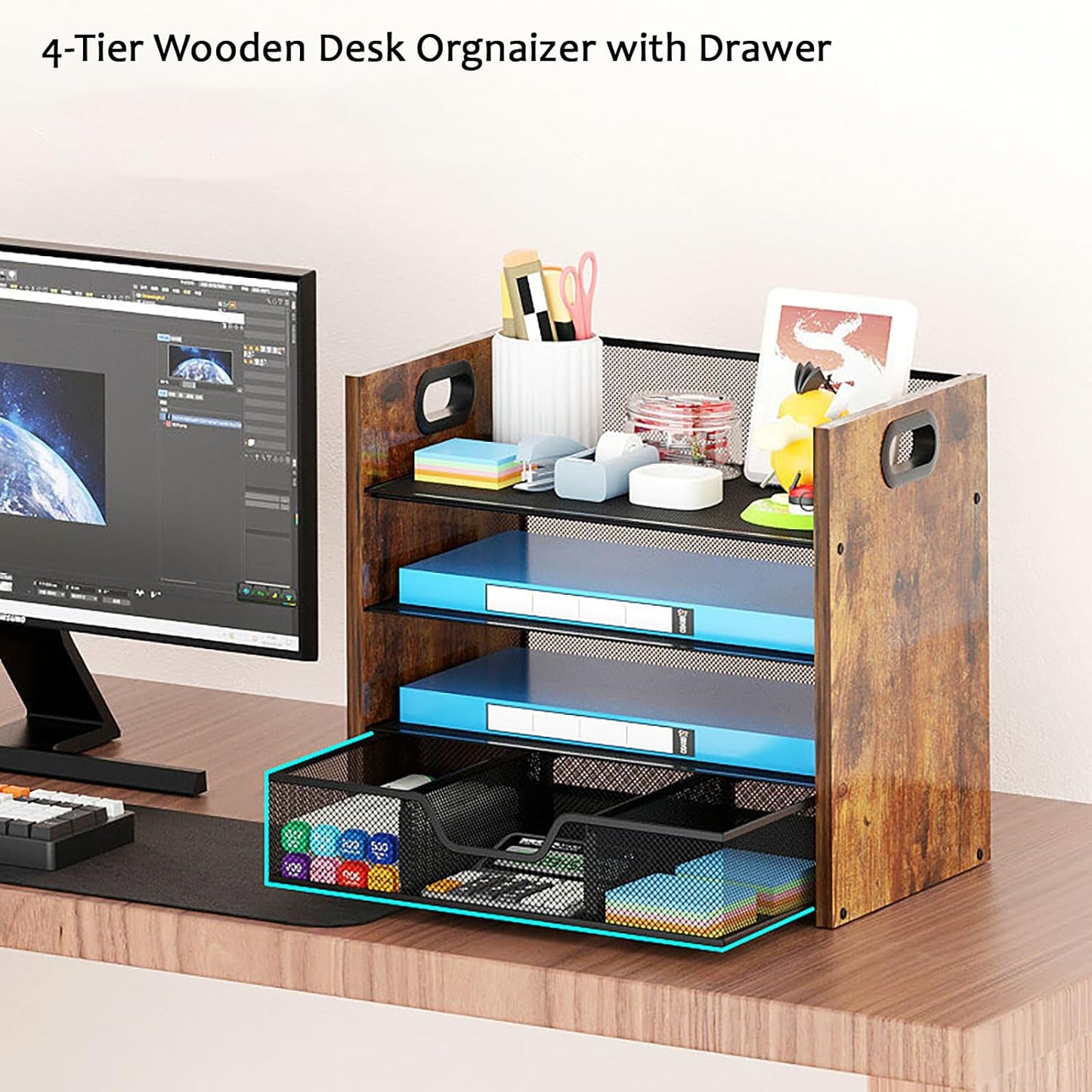 Wood Desk Organizer - 4-Tier Desktop File Organizer with Drawer, Wooden Paper Tray, Office Desk Organizer for Papers, Mail, Notebooks, Stationery