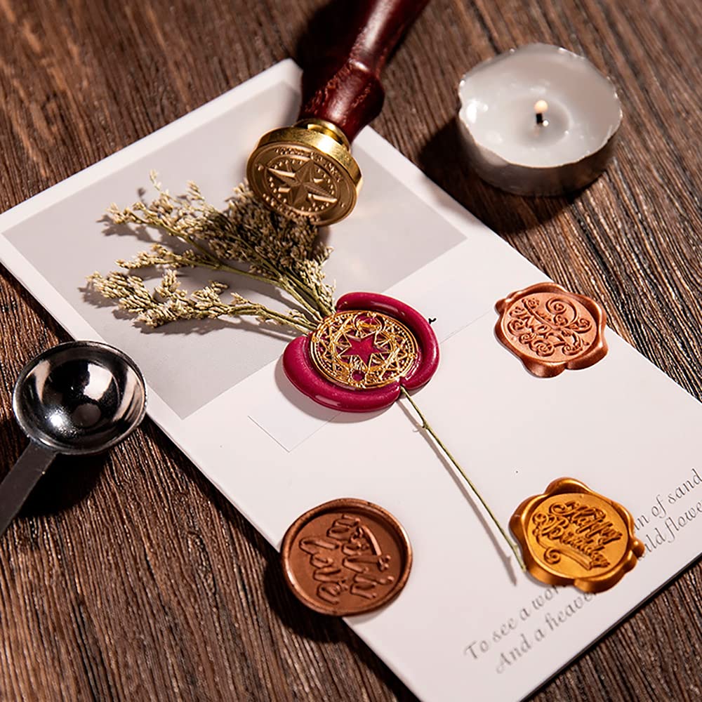 Wax Seal Stamp Gift Box Set, 6 Pcs Blessing Series Seals Copper, Wooden Hilt, Kit for Cards Envelopes, Gift Packaging