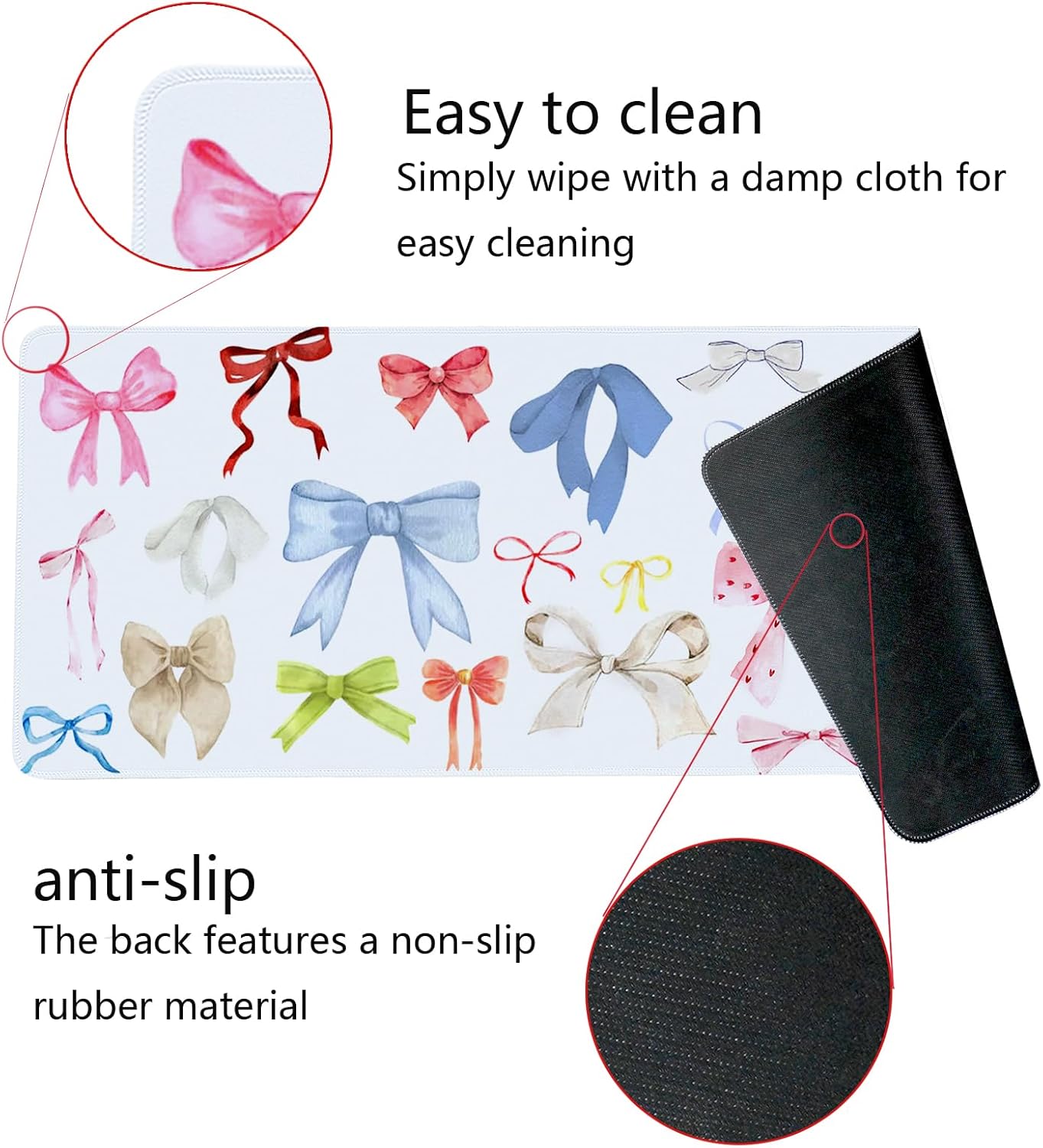 Kawaii Bow Mouse Pad, Girly Coquette Bow XL Large Mouse Pad, Girls Preppy Trendy Laptop Desk Mat for Girly Room Dorm Home Office, Colorful Bows Gifts for Teen Girls,31.5x11.8