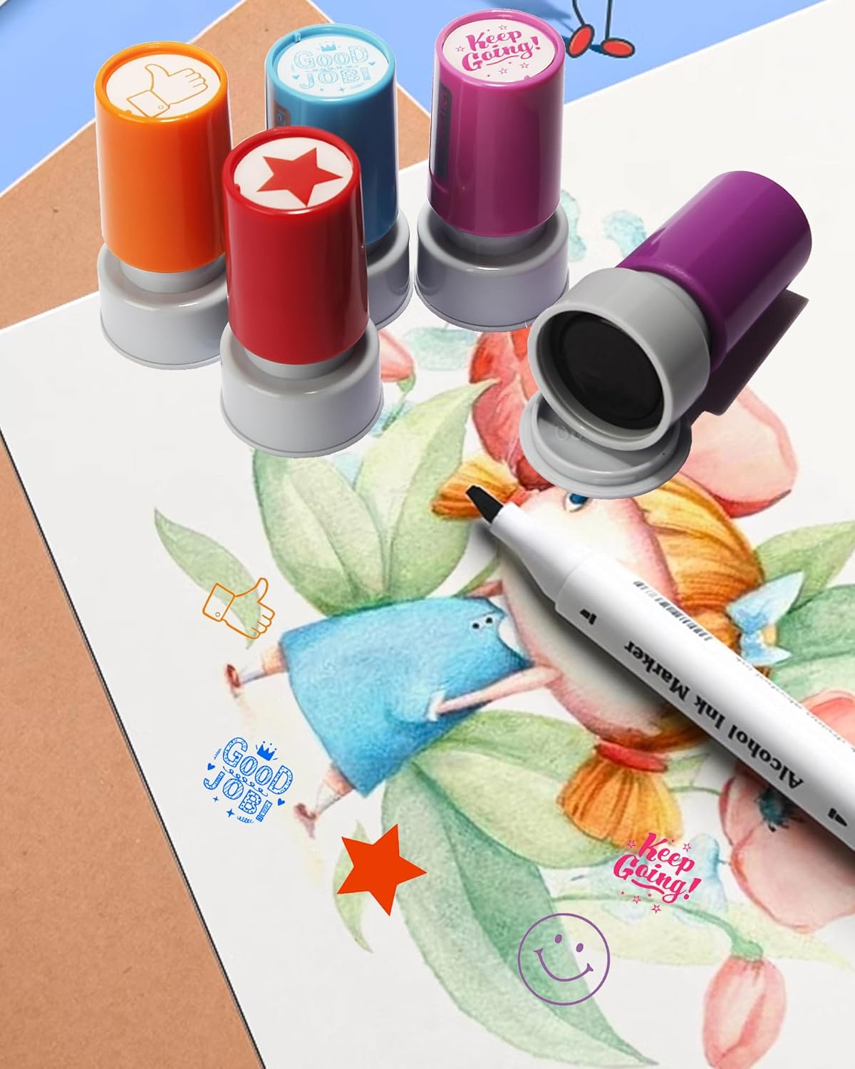 Pack of 5 Sorted Teacher Stamps Self-Inking Rubber Stamps Teacher Comments Photosensitive Stamps Behavior Stamper for Education Review