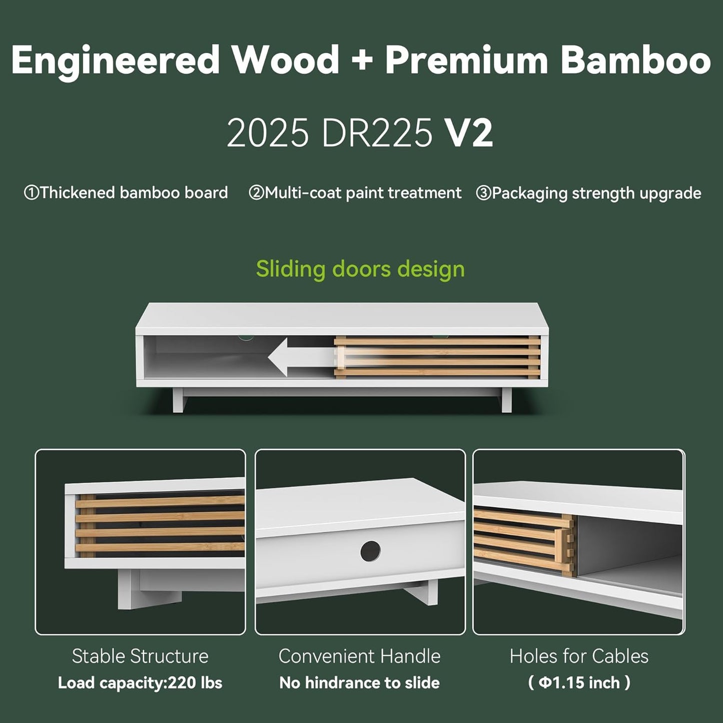 Monitor Stand Riser with Sliding Door, Computer Laptop Stand Desk Shelf Organizer with Storage (White + Natural Bamboo, 25 Inch)