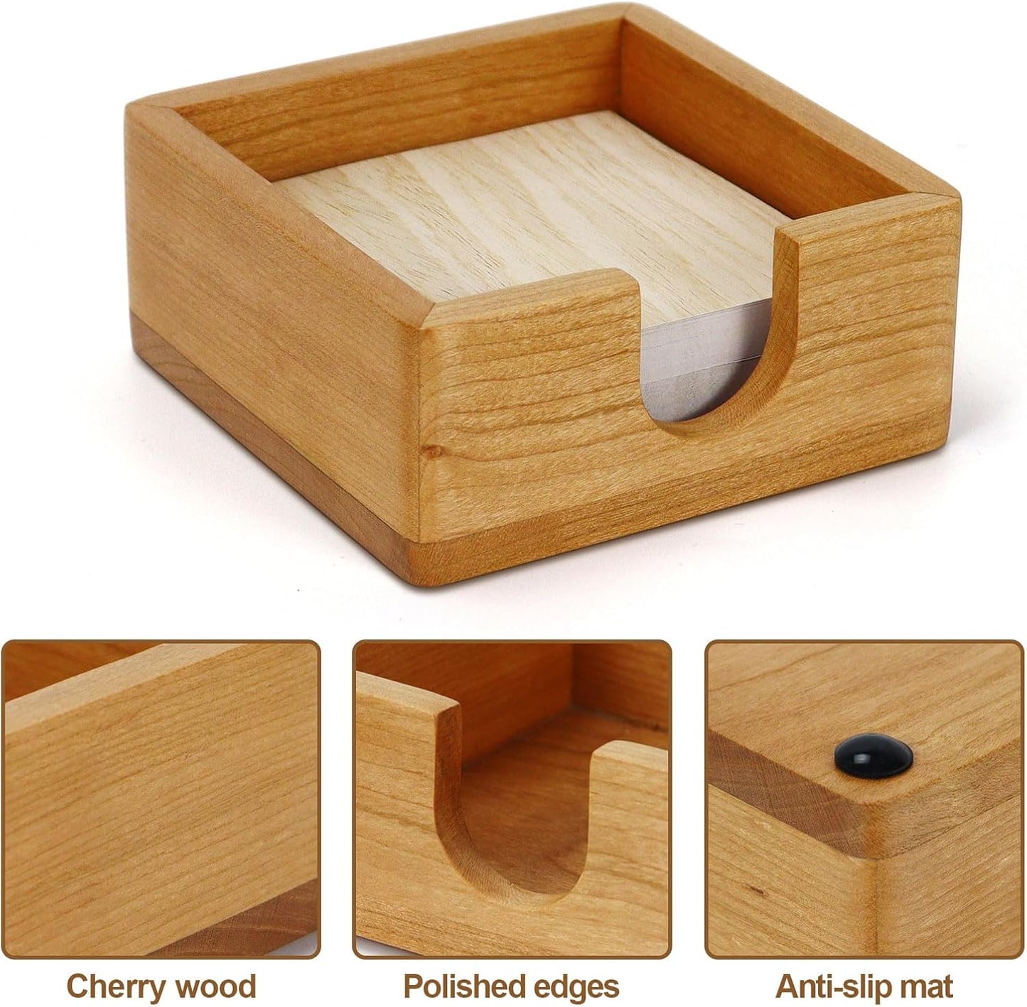 MultiBey Cherry Wood Sticky Note Holder, Self -Sticky Note Pad Holder, Thicked Wooden Post it Note Dispenser Memo Pad Holder, Desktop Accessories Organizer for Office School Home