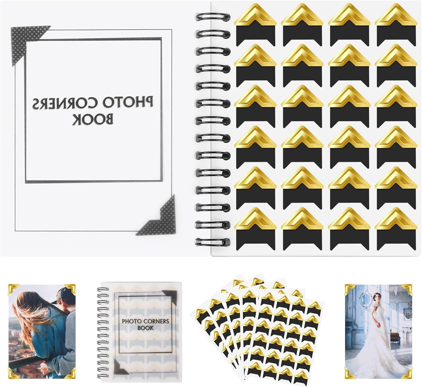 GOONAVI 15 Sheets 360 PCS Golden Black Acid-Free Photo Corners Notebook, Self-Adhesive Corners for DIY Album Journal, Corner Stickers for Trip Memory Book