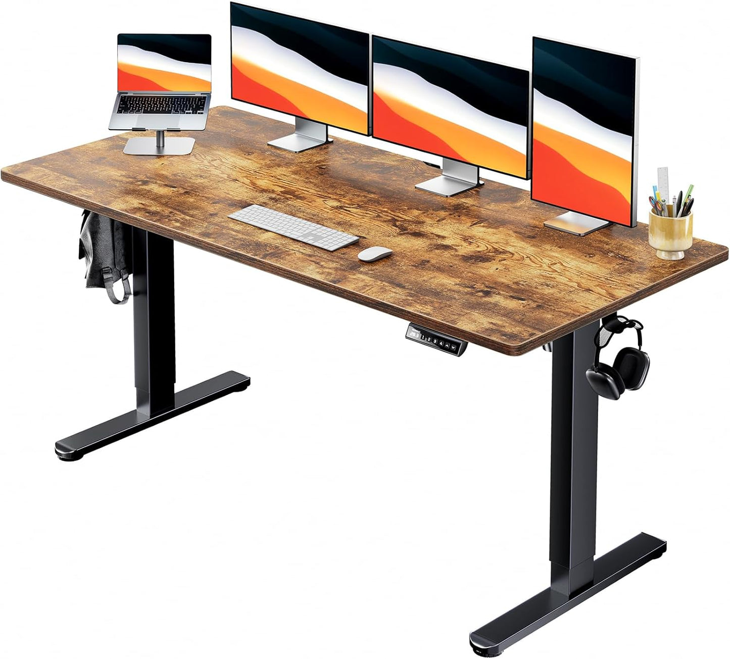 HUANUO Electric Standing Desk, 60" x 24" Whole Piece Desktop, Adjustable Height Computer Desk, 4 Height Memory Settings, Sit Stand Up Desks for Home Office, Vintage