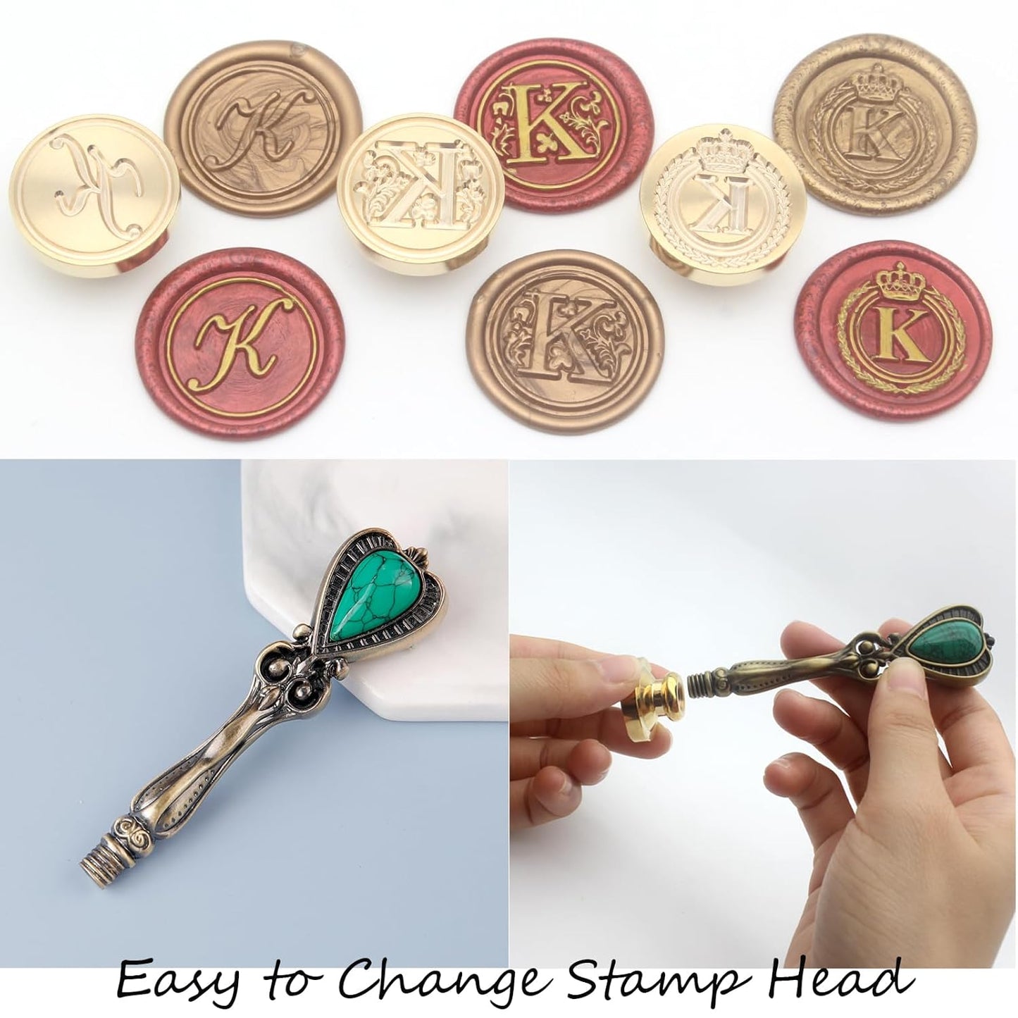 Letter Wax Seal Stamp Kit, Andotopee Wax Seal Kit Initial Alphabet K Sealing Wax Stamp Head 3pcs, Vintage Wax Stamp Seal Kit with Wax Seal Beads, Wax Seal Warmer Tools, Wax Seal Pen, Gift Box Set