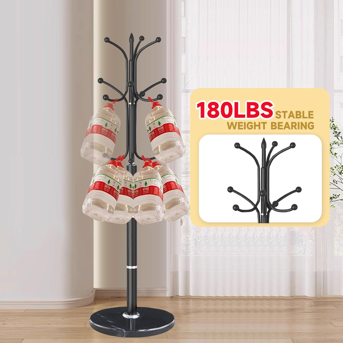 Modern Metal Coat Rack Stand, Coat Rack Freestanding with Natural Marble Base, Sturdy Heavy Duty Coat Racks with 12 Hooks, Black Coat Hall Tree Stand for Entryway, Office (12 HOOKS-Black)