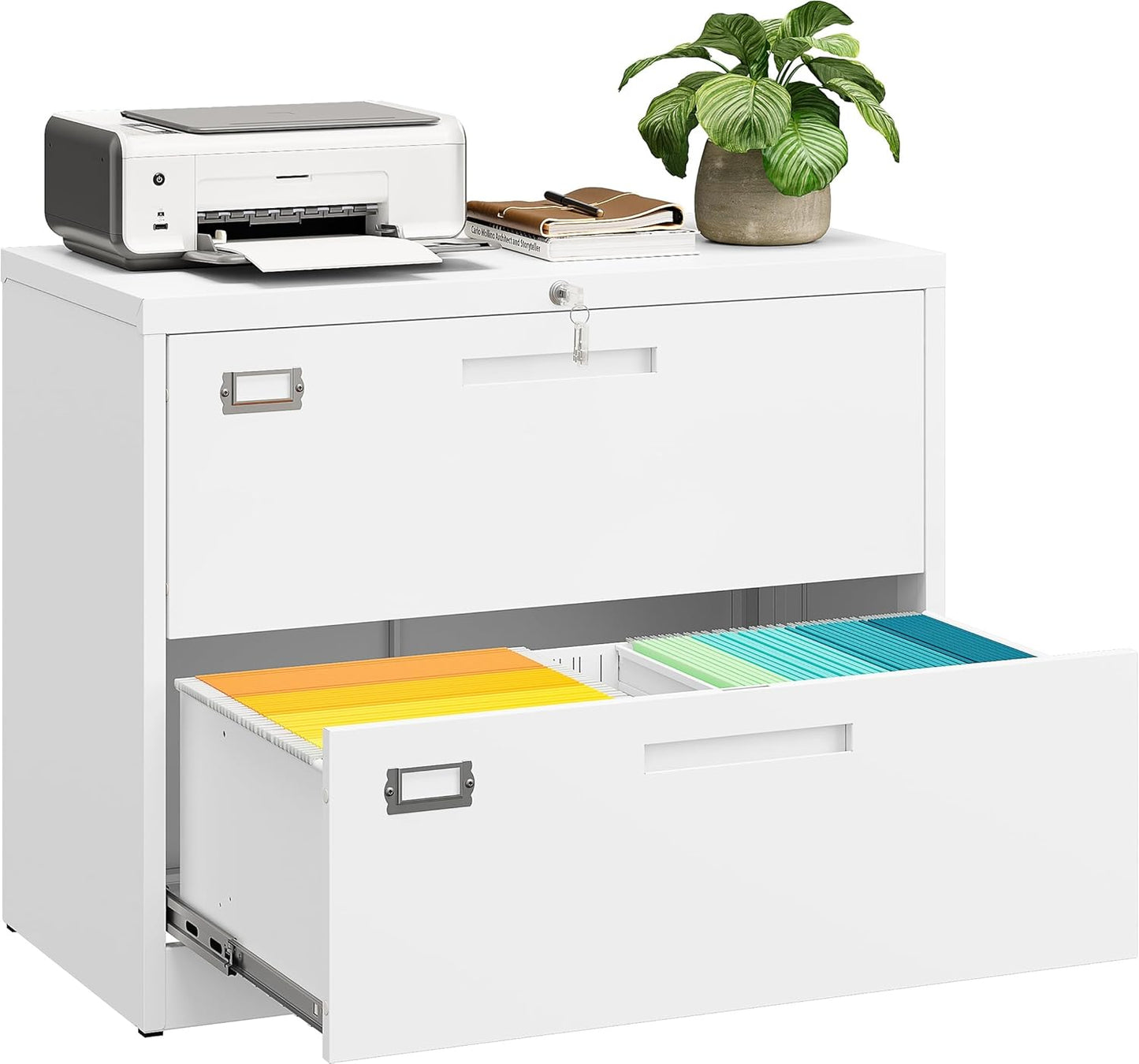 SISESOL 2 Drawer Lateral File Cabinet with Lock,White Lateral Filing Cabinet,Horizontal Metal Filing Cabinets,Locked Wide Two Drawer File Cabinets for Office Home,Fit A4/F4/Letter/Legal File