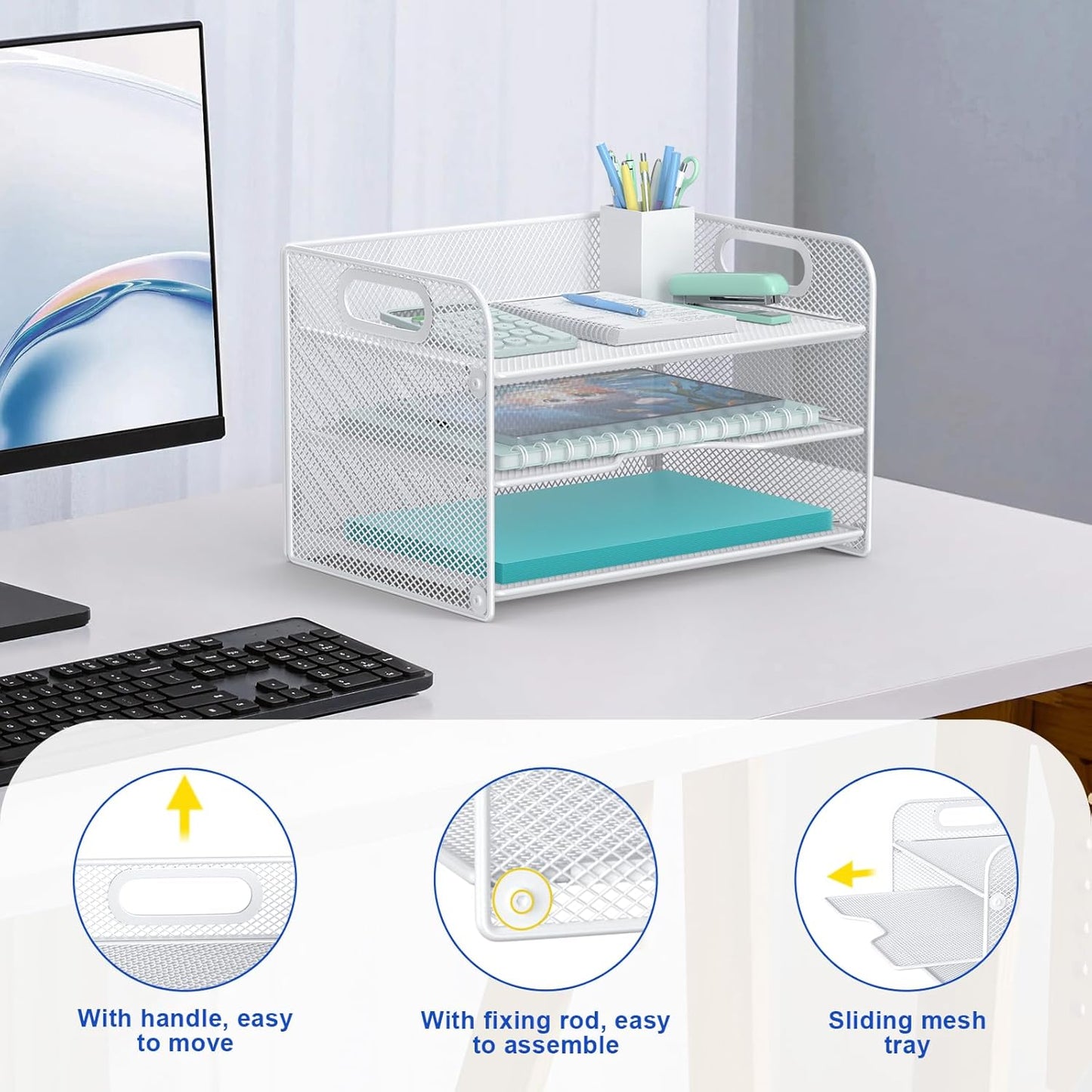 Samstar 3 Tier White Letter Tray Paper Organizer with Handle, Mesh Desk Organizer Paper Sorter File Rack Shelves, White