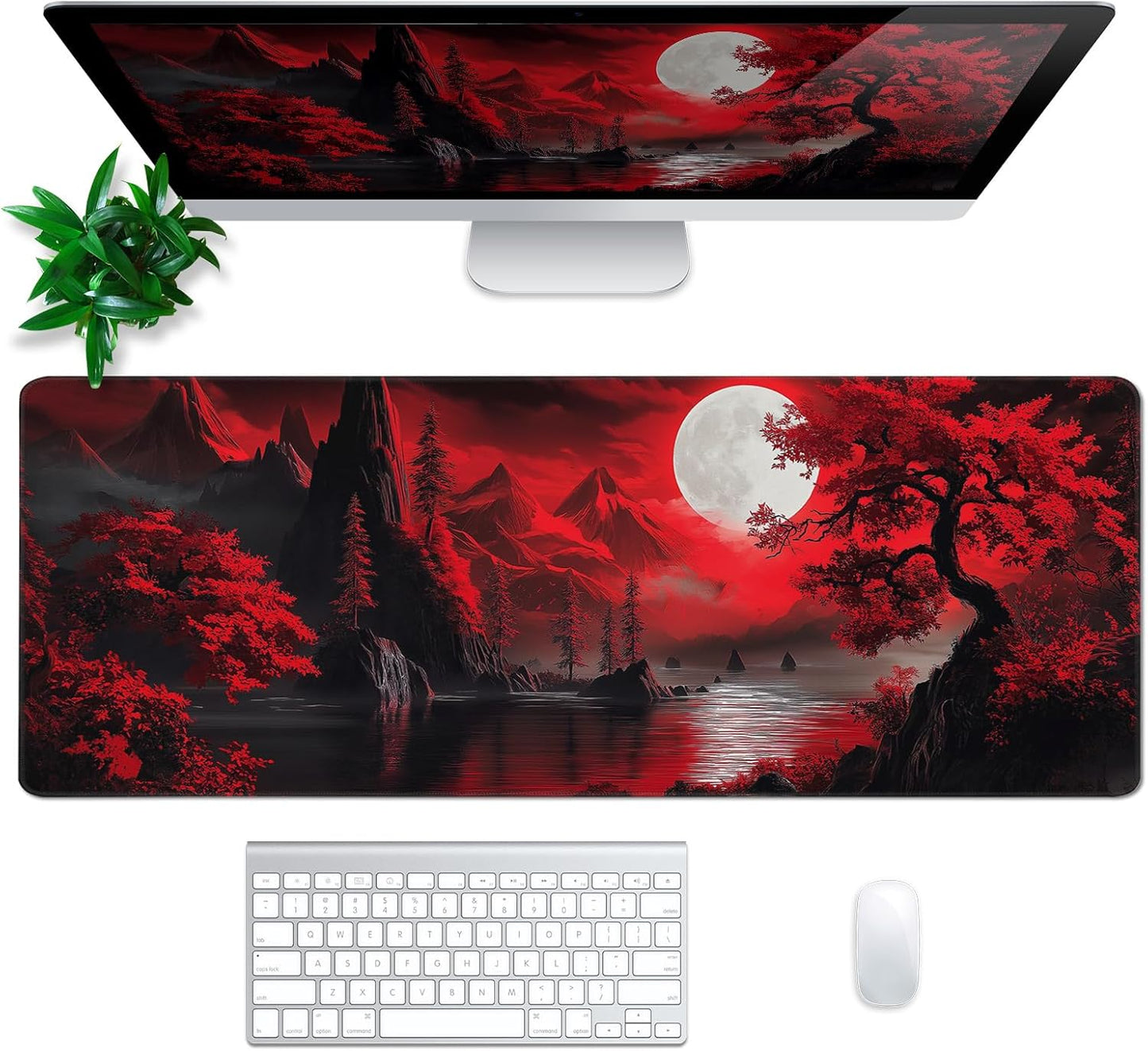 Darkness Red Moon Mouse Pad Abstract Red Mouse Pad 31.5x11.8 Inch Geometric Texture Non-Slip Rubber Base Large Mousepad Stitched Edges Keyboard Mouse Mat Desk Pad for Office and Home