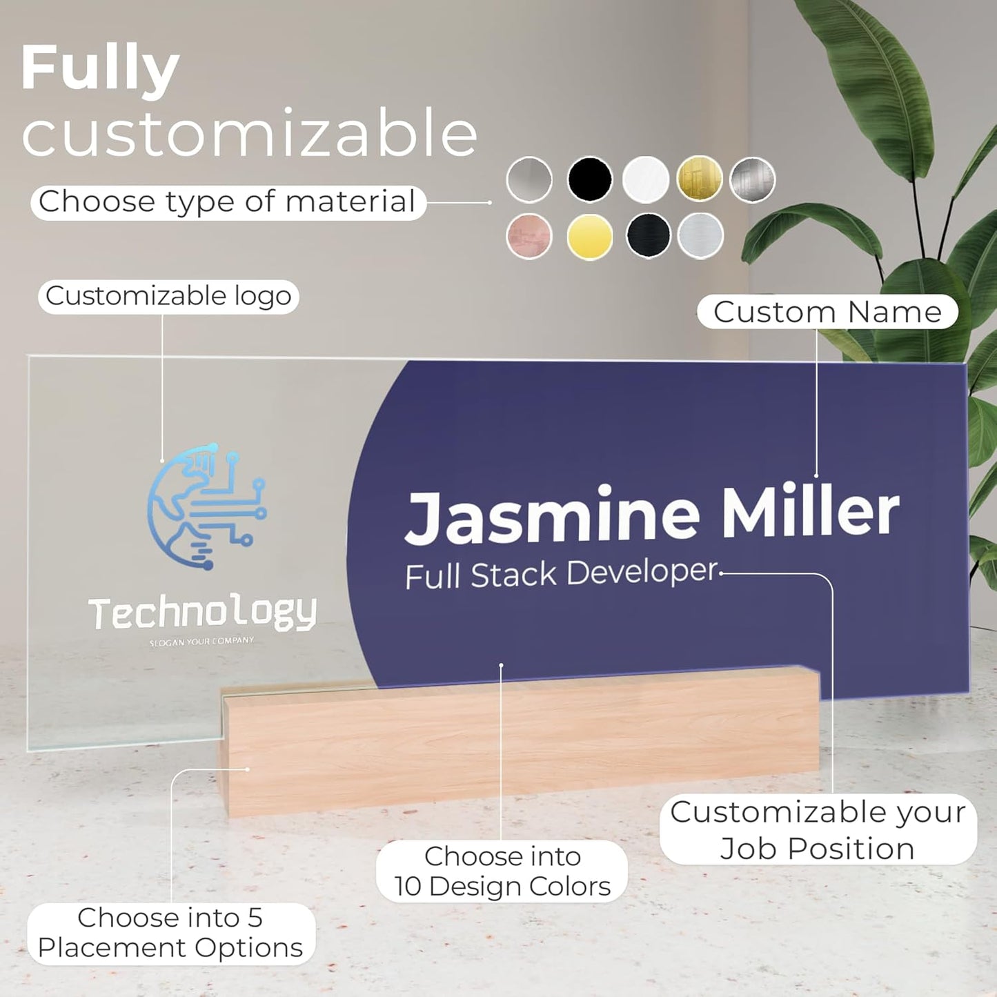 EGD Acrylic Desk Name Plate Personalized with Logo I Custom Office Desk Accessories I Custom Name Plate with Color Options I Cute Office Decor (10 x 3.5 Inch) (2. Acrylic with Logo)