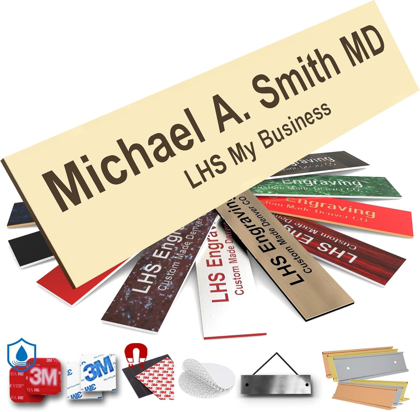 Engraved Name Plates for Door Sign Personalized Ivory Plastic Plaque with Brown Letters - Made in USA 2x8 B5